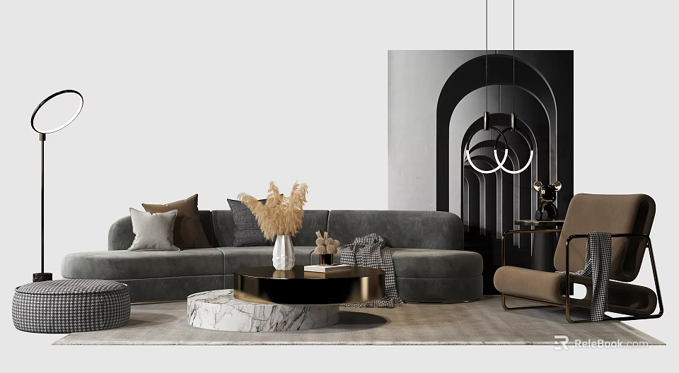 Modern Gray Sofa And Coffee Table Set With Throw Pillows Marble Top Decor 3d model