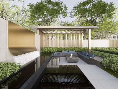Modern Garden Landscape With Water Pond Wooden Pavilion Outdoor Seating And Lush Greenery 3d model