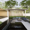 Modern Garden Landscape With Water Pond Wooden Pavilion Outdoor Seating And Lush Greenery