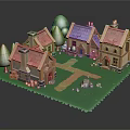 Cartoon Village Scene With Colorful Houses Red Purple Roofs Green Trees And Pathway