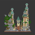 Cartoon Fantasy Castle Scene With Green Towers Trees And Rock Structures