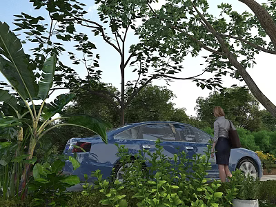 Eco Friendly Road Facilities Along Roadside With Green Trees Plants And Blue Car Near Woman 3d model