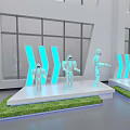 Modern Tech Exhibition Hall With Large Screen Blue Lighting And Humanoid Models 3d model
