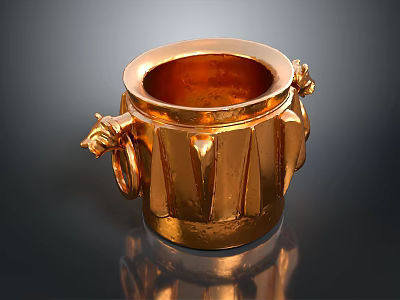 Exquisite Golden Carved Decorative Vessel With Animal Head Handles And Vertical Stripes 3d model