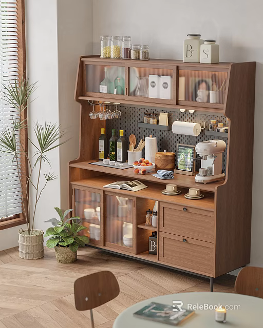 Modern Wooden Sideboard with Glass Doors Storage Kitchen Essentials Decorative Items and Green Plants 3d model 