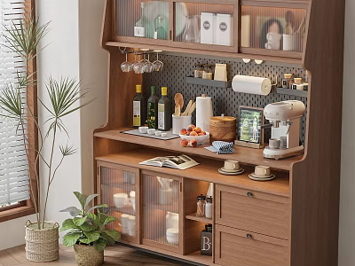 Modern Wooden Sideboard with Glass Doors Storage Kitchen Essentials Decorative Items and Green Plants 3d model