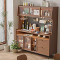 Modern Wooden Sideboard with Glass Doors Storage Kitchen Essentials Decorative Items and Green Plants