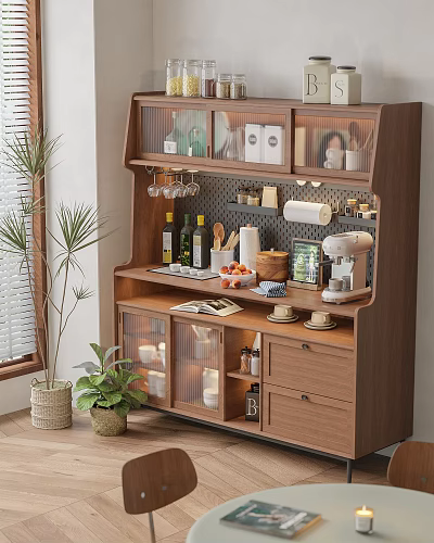 Modern Wooden Sideboard with Glass Doors Storage Kitchen Essentials Decorative Items and Green Plants 3d model