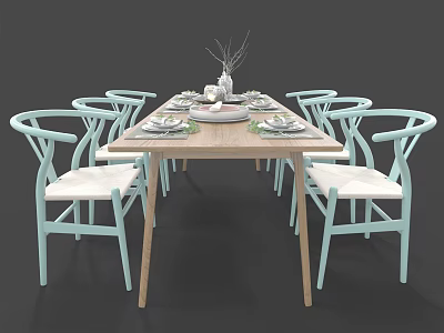 Modern Wooden Dining Table Set with Six Light Blue Curved Backrest Chairs and Tableware Vase 3d model