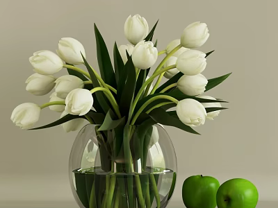 Decorative Transparent Glass Vase With Fresh White Tulips And Green Apples 3d model
