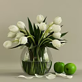 Decorative Transparent Glass Vase With Fresh White Tulips And Green Apples