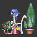 Garden Decor With Blue Birdhouse White Bench Purple Hyacinth Green Tree And Pink Watering Can