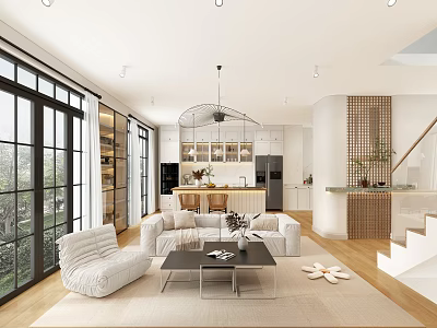 Modern Living Dining Room Interior With Large Windows White Sofa Island Counter And Wooden Floor 3d model