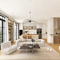 Modern Living Dining Room Interior With Large Windows White Sofa Island Counter And Wooden Floor