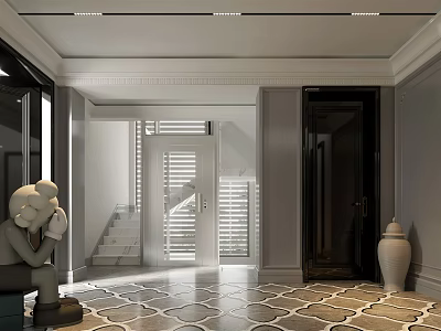 Modern Entrance Hall With Geometric Tile Flooring Decorative Sculpture Staircase And Natural Light 3d model