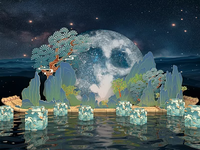 Starry Night Photo Check-in Spot With Full Moon Mountains Trees And Ice Blocks On Water 3d model