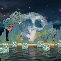 Starry Night Photo Check-in Spot With Full Moon Mountains Trees And Ice Blocks On Water