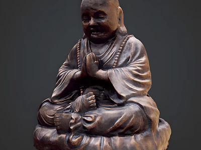 Traditional Buddha Sculpture Carving With Sitting Pose And Prayer Hands Beads 3d model