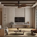 Modern Living Dining Room Interior With Beige Sofa Wooden Ceiling And Arched Shelves