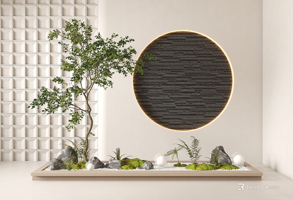 Ornamental Tree in Small Landscape Tray with Circular Wall Decor and White Lattice Background 3d model 