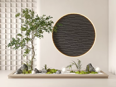 Ornamental Tree in Small Landscape Tray with Circular Wall Decor and White Lattice Background 3d model