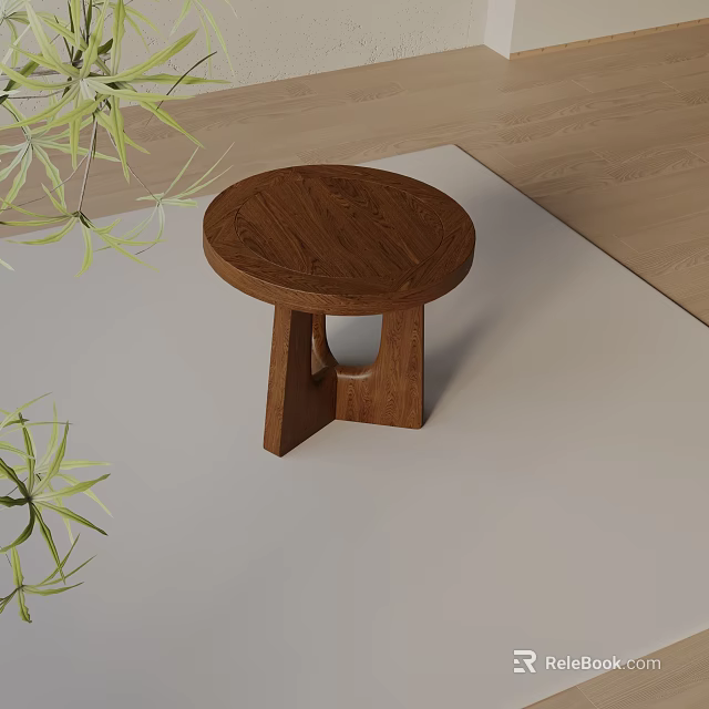 Wooden Side Table With Round Top And Unique Base Design Near Green Plants On Carpet 3d model 