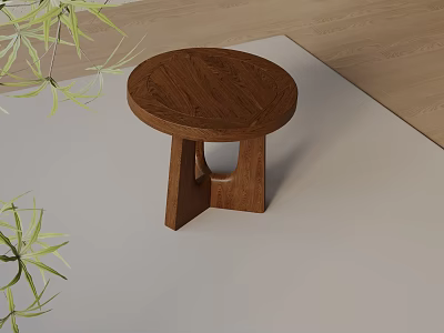 Wooden Side Table With Round Top And Unique Base Design Near Green Plants On Carpet 3d model