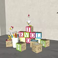 Colorful Educational Alphabet Blocks With Chicken Toys Pencils And Green Plant