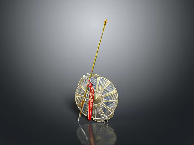 Traditional Decorative Weapon With Golden Shaft Red Tassel And Circular Metal Guard Design 3d model