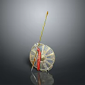 Traditional Decorative Weapon With Golden Shaft Red Tassel And Circular Metal Guard Design