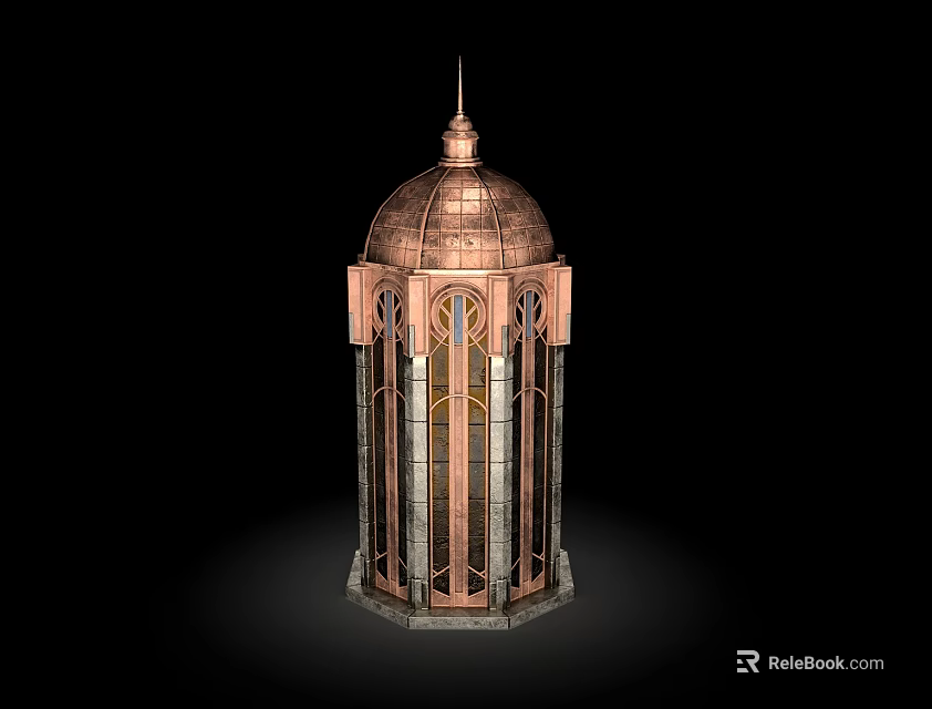 Elegant Garden Pavilion With Copper Dome And Ornate Glass Panels On Stone Base 3d model 