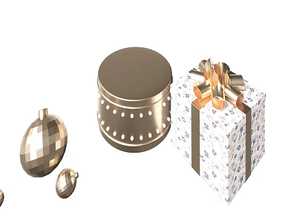 Golden Round Stool With Dot Patterns Alongside Gift Box And Decorative Ornaments Setup 3d model