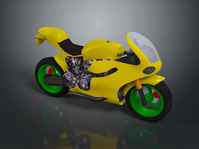 Yellow Motorcycle With Green Wheels Brown Seat Transparent Windshield And Decorative Graphics 3d model