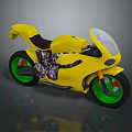 Yellow Motorcycle With Green Wheels Brown Seat Transparent Windshield And Decorative Graphics
