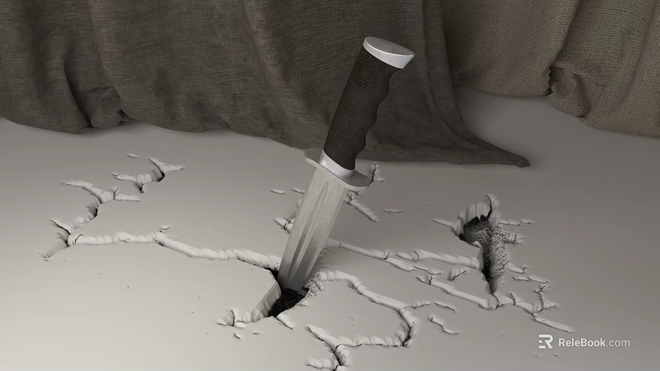 Sharp Blade Knife With Dark Handle Stuck In Cracked Ground Gray Cloth Background 3d model 