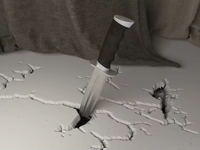 Sharp Blade Knife With Dark Handle Stuck In Cracked Ground Gray Cloth Background 3d model