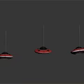 Three Red Circular Reflective Spacecraft With Black Center Suspended In Dark Cosmic Background
