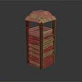 Rustic Slatted Wooden Tower with Hexagonal Structure and Layered Roof Design