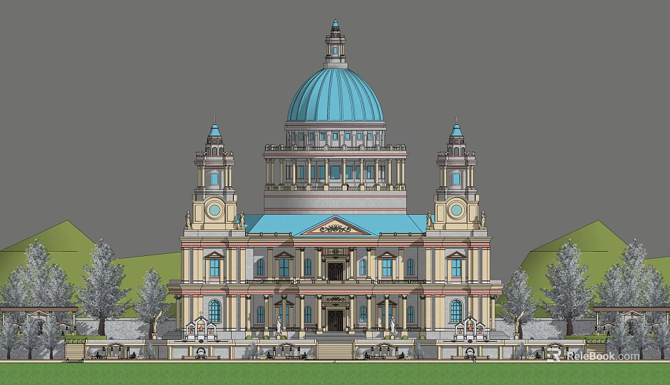 Ancient Architecture Featuring Blue Dome Yellow Main Body Two Side Towers And Green Surroundings 3d model 