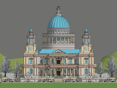 Ancient Architecture Featuring Blue Dome Yellow Main Body Two Side Towers And Green Surroundings 3d model