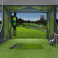 Indoor Golf Simulator Practice With Green Turf Golf Clubs Course Screen And Scoreboard