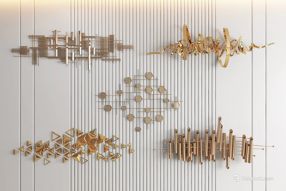Golden Wall Hanging Decorations With Geometric Abstract Shapes For Modern Home Interior 3d model 