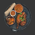 Roasted Chicken Leg with Roasted Vegetables Beans Sauces and Napkin on Tray