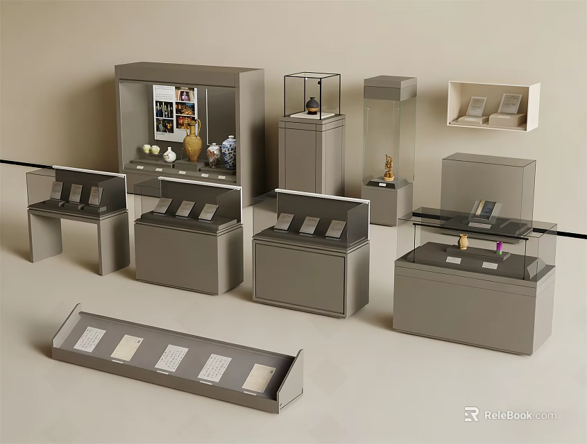 Modern Display Shelves And Showcase Units With Glass Doors And Gray Finish 3d model 
