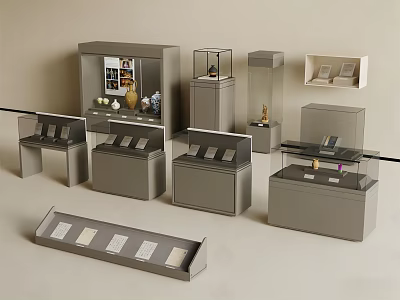 Modern Display Shelves And Showcase Units With Glass Doors And Gray Finish 3d model