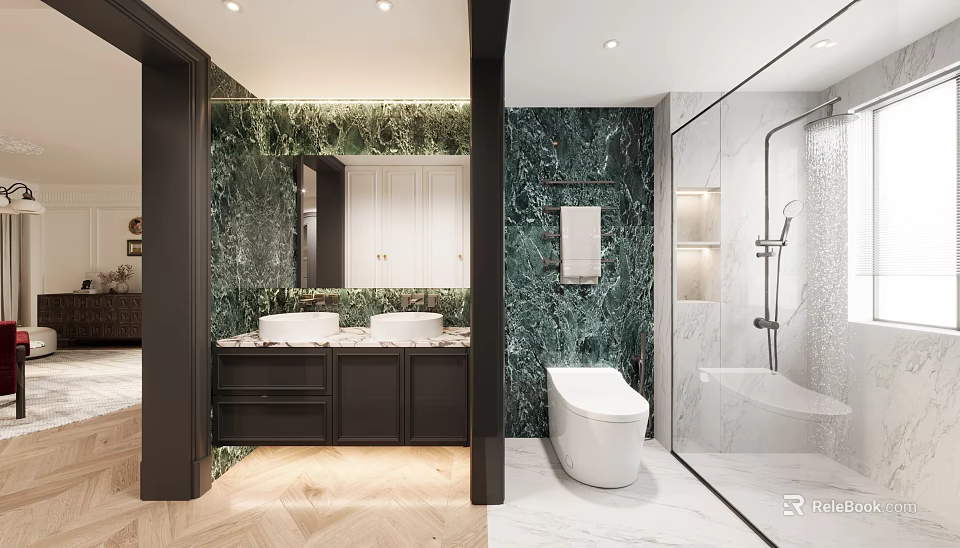 Elegant Modern Bathroom With Double Vanity Sinks Marble Walls Black Cabinets Smart Toilet Glass Shower 3d model 