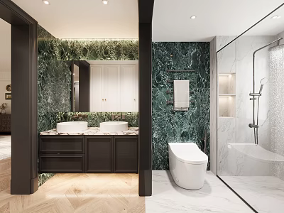 Elegant Modern Bathroom With Double Vanity Sinks Marble Walls Black Cabinets Smart Toilet Glass Shower 3d model