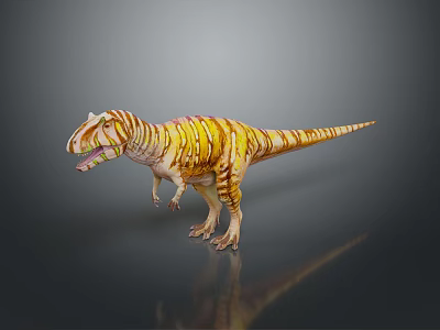 Realistic Tyrannosaurus Rex Dinosaur Model With Yellow Orange Stripes Standing On Gray Background 3d model