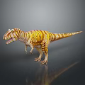 Realistic Tyrannosaurus Rex Dinosaur Model With Yellow Orange Stripes Standing On Gray Background