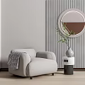 Light Gray Single Sofa With Checkered Blanket Side Table Vase Plant Striped Wallpaper Round Mirror